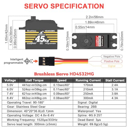 HobbyPark Waterproof 45KG High Torque Servo Motor 8.4V HV RC Servo Brushless Metal Gear Digital Servo with 25T Servo Horn for 1/8 1/10 1/12 RC Crawler RC Truck RC Car Robot DIY Control Angle 180°