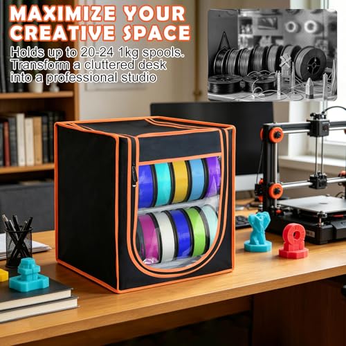 3D Printer Filament Storage Box, 2-Tier Metal Filament Rack & Spool Holder (Holds up to 20-24 Spools), Dustproof with Built-in Desiccant Pockets for PLA ABS PETG, Moisture Resistant