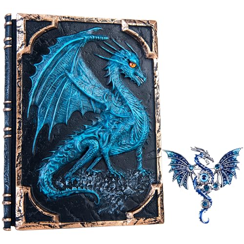 Handmade Flying Dragon Embossed Journal,Resin Engraving Notebook,Lined Paper,Hardcover Travel Notepad for Writing,Sketchbook,Collection,Gift,Decoration Diary for Man Woman A5 Size (Blue with Brooch) - color: Blue with Brooch