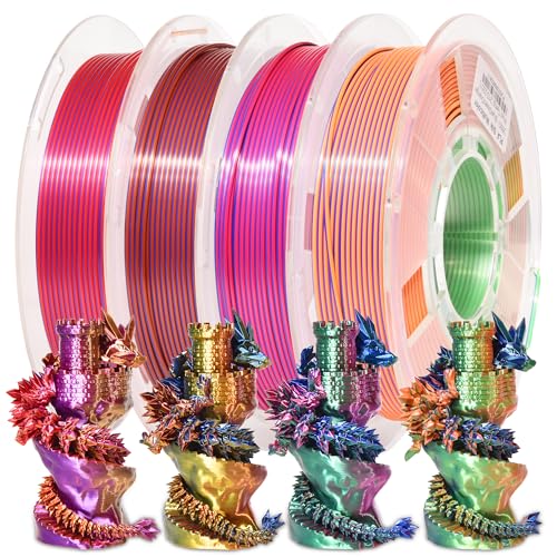 PINBALL Silk Tricolor PLA 3D Printer Filament 1.75mm Shiny Multi-Color Change by Angle Filament 3D Printing PLA Filament Dimensional Accuracy +/- 0.02mm 250g*4 - color: Pla-250g*4-multicolored-1, size: PLA-250g*4