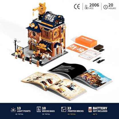 Lumibricks Steampunk Mechanical Workshop Lighting Building-Bricks Set, 2006 Pcs The Sky-Lane Repair Shop Modular Building from Aeronauts Collection Display Set for Adults and Steampunk Lovers