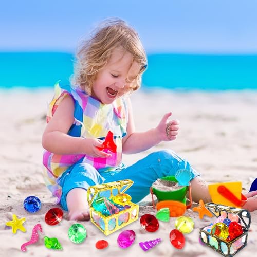60Pcs Diving Gems Pool Toys Big Colorful Diamonds Set with Treasure Chest - color: Gold Bronze Chest + Shells Gems
