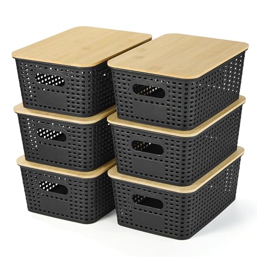 Ohmlove 6 Pack Plastic Storage Baskets with Bamboo Lids for Organization - color: Black