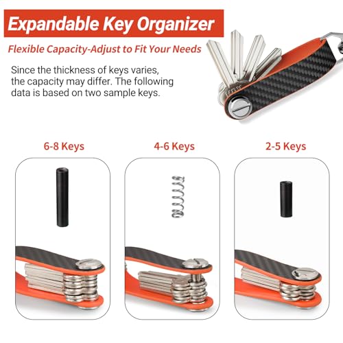 T-carbon Carbon Fiber Key Organizer, Compact Key Holder, Silent Keychain, Expandable Key Case Holds Up to 8 Keys - color: Orange