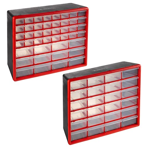 Set of Two Storage Bins with Drawers – Pair of 44 and 24 Drawer Desktop or Wall Mount Plastic Tool Organizers for Hardware or Crafts by Stalwart (Red) - style: 44 and 24 Drawers