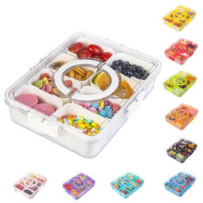Patent Design Ribbed Snackle Box Container Snack Container Divided Serving Tray with Lid and Handle, 8 Divider Portable Snacklebox for Travel Beach for Charcuterie Veggie Fruit Candy,1 Pack - color: White