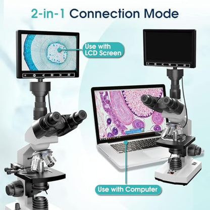 Microscope for Adults with 40X-2500X Magnification, Lab Trinocular Compound Microscope with Thermostat Stage, 7'' LCD Screen, Built-in 5MP Camera for Lab School (Constant Temperature)