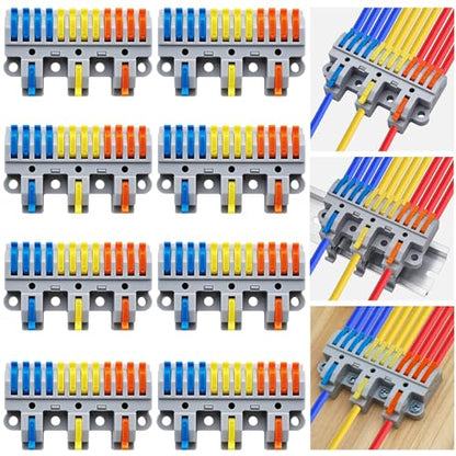 CESFONJER 3-in-12-out Lever Terminal Block Kit, Triple Input to Twelve Output Splicing Connectors, DIN Rail/Screw Mount, for 28-12AWG Conductors, Includes 8 Kits - color: set2