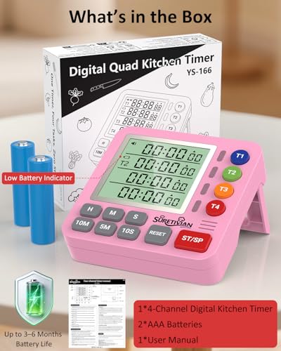 Digital Kitchen Timer with 4 Channel, Loud Alarm and Silent Mode - color: Pink