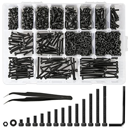 1023PCS Metric M3 Bolt Assortment 4MM to 40MM 13 Lengths, 12.9 Alloy Steel Screws Nuts and Washers Hex Socket Head Cap Machine Screws, Black Bolts and Nuts Kit - size: A. M3