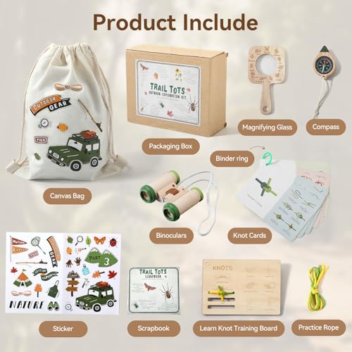 Kids Outdoor Explorer Kit Ages 4–8, Wooden Binoculars, Compass and Knot-Tying Board, Nature STEM Learning & Camping Toy Birthday Gift for Boys and Girls