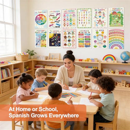 Spanish Educational Classroom Posters Set for Toddlers, 12 PCS - color: Spanish