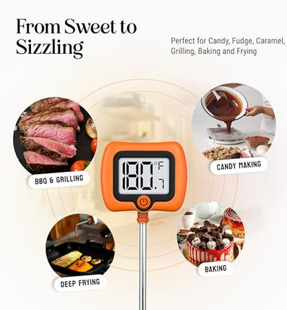 Digital Candy Thermometer with Pot Clip, 10" Long Stainless Steel Probe, Instant Read Kitchen Thermometer for Cooking, Baking, and Candy Making - color: Orange