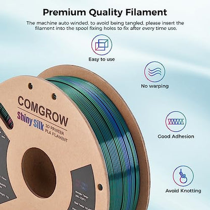 Comgrow Tri-Colors Silk PLA 3D Printer Filament, Rainbow PLA Filament 1.75mm, Dimensional Accuracy +/- 0.02 mm, 1KG Spool, Coextrusion 3D Filament with Shiny Silk Red-Blue-Green - color: Red & Blue & Green