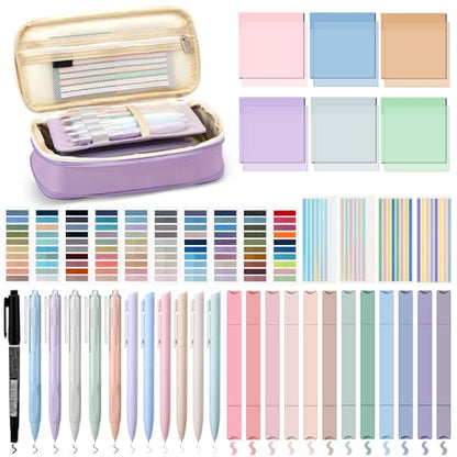 135 Pcs Book Annotation Kit with Pencil Case, 12 Pastel Highlighters, 11 Gel Pens, Fine Marker, 300 Transparent Sticky Notes, 2640 Index Tabs, Bible Study Supplies Kit(Classic,Purple) - color: Purple, style: Classic