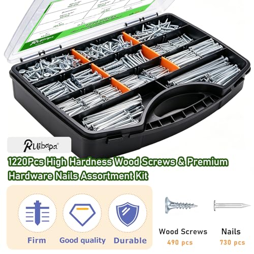 1220Pcs High Hardness Wood Screws & Premium Hardware Nails Assortment Kit, 13 Sizes (1/2''-4''),Phillips Drive Flat Head, Wood Screws, Galvanized, Picture Hanging, Wood, Common Nails with Storage Box - size: 1220PCS
