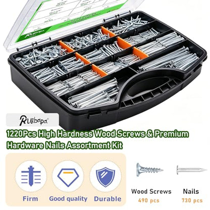 1220Pcs High Hardness Wood Screws & Premium Hardware Nails Assortment Kit, 13 Sizes (1/2''-4''),Phillips Drive Flat Head, Wood Screws, Galvanized, Picture Hanging, Wood, Common Nails with Storage Box - size: 1220PCS