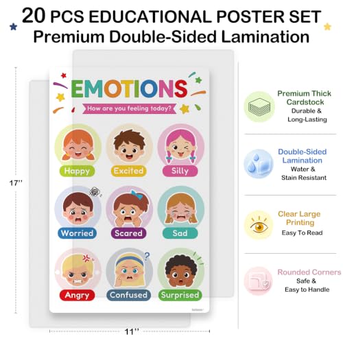 Laminated Educational Posters for Classroom, Preschool Learning Posters - 20 PCS Kindergarten Classroom Decor with Alphabet, Numbers, Weather, Emotions Charts, Teacher Supplies with Rounded Corners