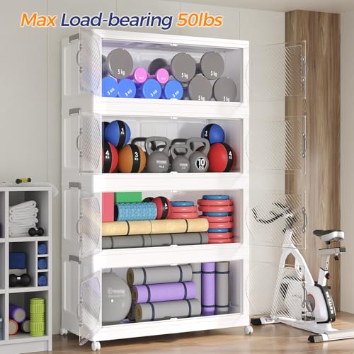 180QT Extra Large Stackable Storage Bins with Lid, 45Gal Plastic Closet Organizers and Storage Drawer, Collapsible Cabinet Box with Wheels Clear Doors for Home Kitchen Office, 3Pack White - size: 60QT