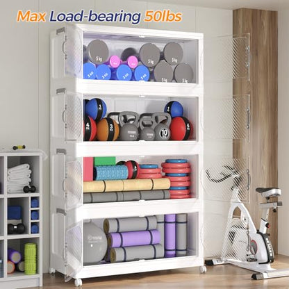 180QT Extra Large Stackable Storage Bins with Lid, 45Gal Plastic Closet Organizers and Storage Drawer, Collapsible Cabinet Box with Wheels Clear Doors for Home Kitchen Office, 3Pack White - size: 60QT