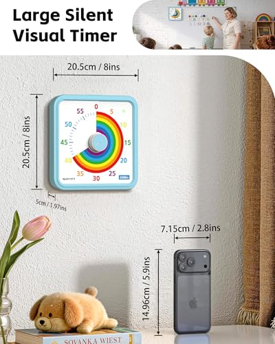 8-Inch Large Visual Timer for Kids 60-Minute Classroom Timer Magnetic - color: Blue-rainbow