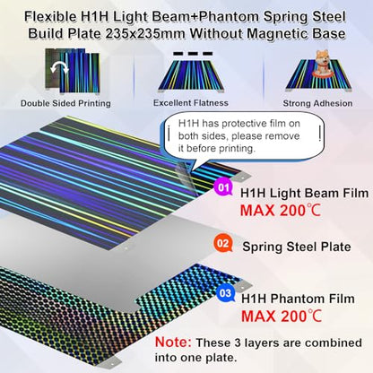 IdeaFormer-3D H1H Smooth Build Plate for Creality K1C/K1/SE/Ender 3 V3 SE/Ender 3 V3 KE/Ender 3 S1/Pro/Ender 5 S1, Flexible Double Sided Light Beam+Phantom H1H Effect Sheet No Magnetic Plate 235x235mm - color: Light Beam+Phantom H1H