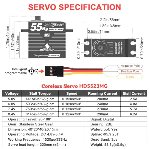 HobbyPark Waterproof 55KG Servo Coreless Motor 8.4V HV Servo High Torque Servo Full Metal Gear RC Servo Programmable for 1/8 1/10 RC Crawler RC Truck RC Car Buggy Robotic 180° w/Servo Horn