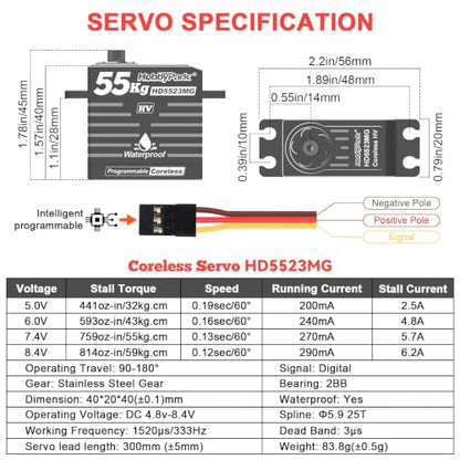 HobbyPark Waterproof 55KG Servo Coreless Motor 8.4V HV Servo High Torque Servo Full Metal Gear RC Servo Programmable for 1/8 1/10 RC Crawler RC Truck RC Car Buggy Robotic 180° w/Servo Horn