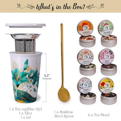 Harmoleaf Tea Gift Set for Women, 6 Loose Leaf Tea Blends with Blue Lily Insulated Ceramic Cup, Stainless Steel Infuser, Lid and Gold Spoon, Birthday, Mother's Day, Anniversary, Retirement Gift for Her - color: Blue Lily