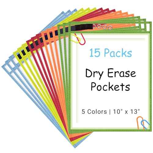 Ndsox 15 Packs Oversized Dry Erase Pockets Reusable Plastic Sleeves, 5 Colors Shop Ticket Holders & Sheet Protectors Document Sleeves for Teachers, Classroom Organization, School Supplies Must Have