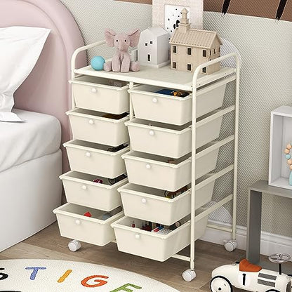 COSTWAY 10 Drawer Rolling Storage Cart, Utility Cart with Lockable Wheels - color: White, size: 10 Drawer