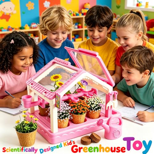 Kids Mini Greenhouse Plant Growing Kit with Drip Irrigation System,Transparent Plant Observation House Complete Gardening Tools,STEM Science Educational Planting Toy Gift for Boys Girls Age 3-12