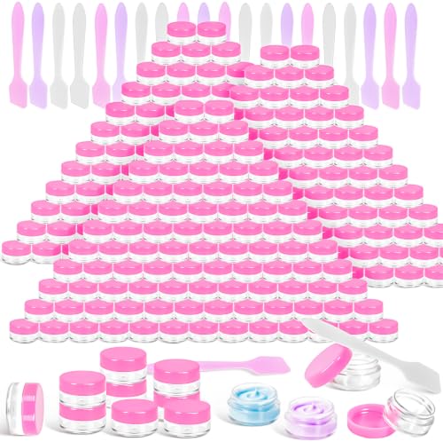 200 Pcs 5g Empty Plastic Containers with Pink Lids,Mini Makeup Sample Containers, Small Sample Pot Jars Round Cosmetic Jars with Mini Spatulas for Lotion Liquid Powder Creams - color: Pink, size: 200PCS