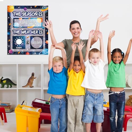 Outer Space Galaxy Season and Weather Calendar Bulletin Board Season Calendar Posters with Weather Cards Hook and Loop Dots for Classroom Wall Decor Preschool Kindergarten Student Teacher Supplies - style: Outer Space Galaxy