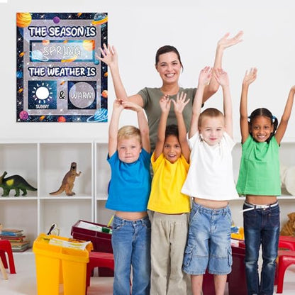 Outer Space Galaxy Season and Weather Calendar Bulletin Board Season Calendar Posters with Weather Cards Hook and Loop Dots for Classroom Wall Decor Preschool Kindergarten Student Teacher Supplies - style: Outer Space Galaxy