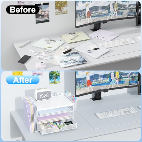 gianotter Wood Desk Organizers and Accessories with File Holder, 4-Tier Desk Accessories & Workspace Organizers with Drawer and 2 Pen Holder, Desk Reference Organizer (White, 4T with Metal Drawer) - color: Matte White
