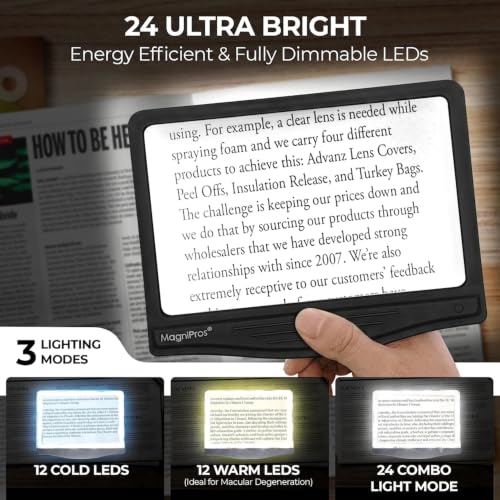 MAGNIPROS 5X LED Page Magnifying Glass, Detachable Stand, 3 Color Modes - color: Jet Black