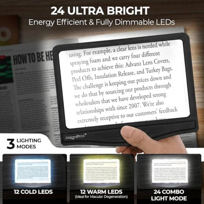 MAGNIPROS 5X LED Page Magnifying Glass, Detachable Stand, 3 Color Modes - color: Jet Black