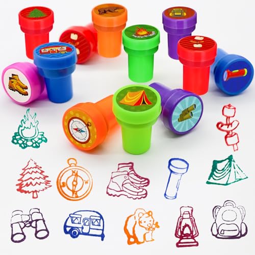 Cinrobiye 24 Pcs Camper Stampers Party Favor Set, Cute Camping Adventure Stamps for Kids Birthday Party, Classroom Rewards, Goody Bag Fillers, Outdoor Camping Themed Party Supplies - color: Camper