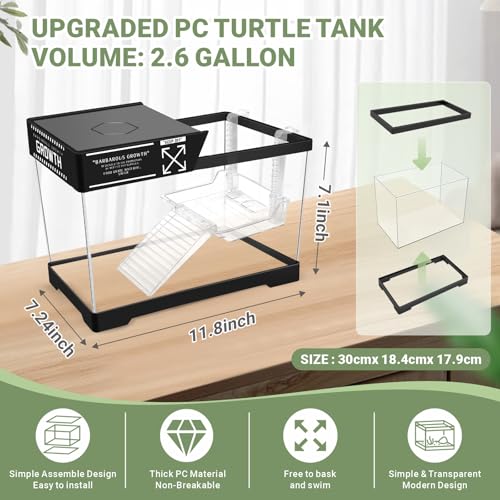 GOZILLA Mini Aquatic Turtle Tank Kit with Adjustable Lamp,PC Turtle Tank Starter Kit,Small Hermit Crab Tanks with Lid, Hanging Platform for Baby Turtles,Crabs,Fish.(11.8×7.24×7.1''/Black Kit) - color: Mini-Black01