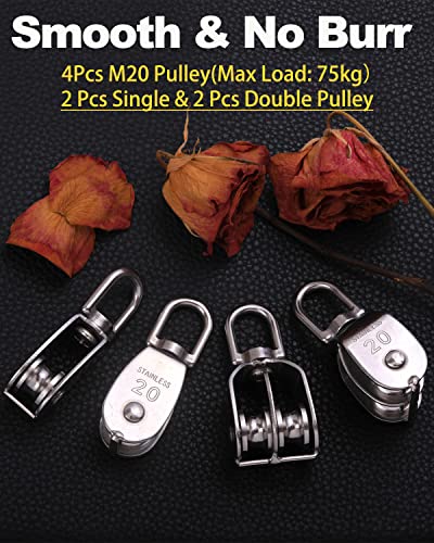 Rocaris 4 Pack M20 Pulley Block, 2 Pcs Single Pulley & 2 Pcs Double Pulley - size: 2*M20 Signle + 2*M20 Double