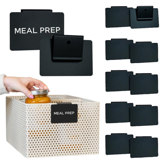 Storage Bin Label Holders Clip-On – 10 Pack Metal Basket Labels for Pantry, Baskets, Shelves & Organization Bins, 3.5” x 2.5 - color: Black