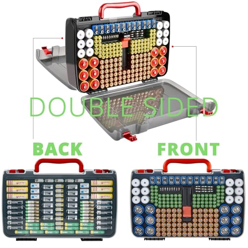 Battery Organizer Storage Case with Tester for 269 Batteries, Double Sides - color: Black Case+Red Handle