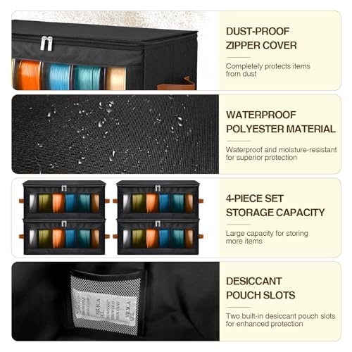 4 Pack Foldable Filament Storage Box, 3D Printer Filament Containers with Transparent Window, Desiccants & Labels, Holds 24 Rolls, Water-Resistant Organizer for Home Office Workshop Studio