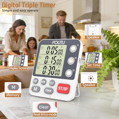 Digital Dual Kitchen Timer, 3-Channel Magnetic Countdown Timer for Cooking - size: Triple Timer