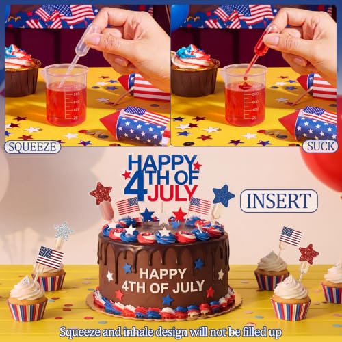 Glenmal 48 Sets 4ml American Flag Patriotic Cupcakes Pipettes, Plastic Pipettes Dropper for Cupcakes with American Flag Disposable Mini Flavor Liquor Infuser Squeeze Dropper for Cupcake Ice Cream - style: Patriotic