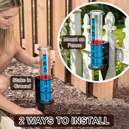 JMBay Rain Gauge Outdoor,7" Rain Gauges Outdoors Best Rated with Metal Rack Holder, Freeze Proof Rain Measure Gauge, Easy to Read with Red Float, Large Font Plastic Replacement Tube for Yard Garden