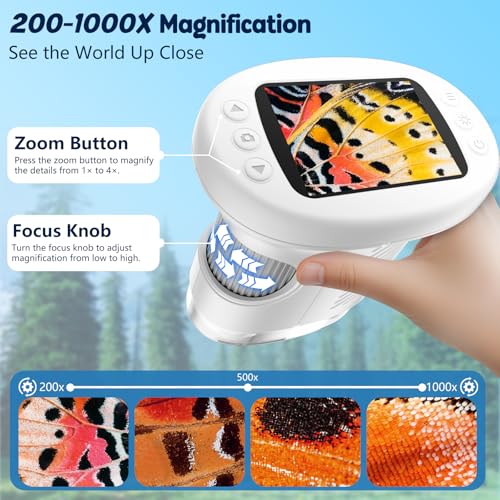 Odatay 2.4" 4K 1000X Digital Kids Microscope with 32G Card 12 Slides, White - color: White