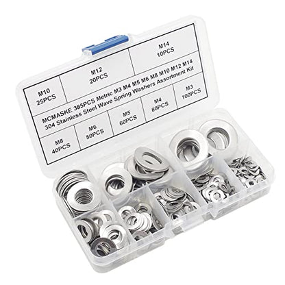 385PCS Metric M3 M4 M5 M6 M8 M10 M12 M14 304 Stainless Steel Wave Spring Washers Assortment Kit