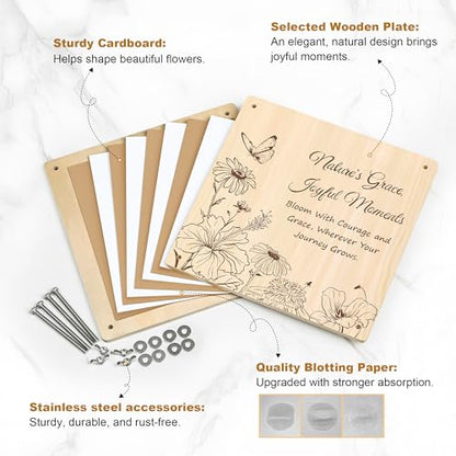 Joy&Grace Large Flower Press Kit for Adults with Designed Cover and DIY Album,10 Layers Plant Press and Plant Drying Toolkit, Flower Preservation Kit, 10.9" x 10.9" (Color Box, Natural Wood) - color: Natural Wood